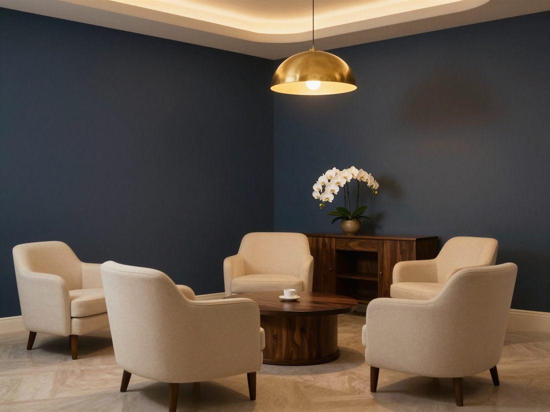 The welcoming reception area at The Nightingale Wellness Clinic: navy walls, warm gold lighting and cream armchairs