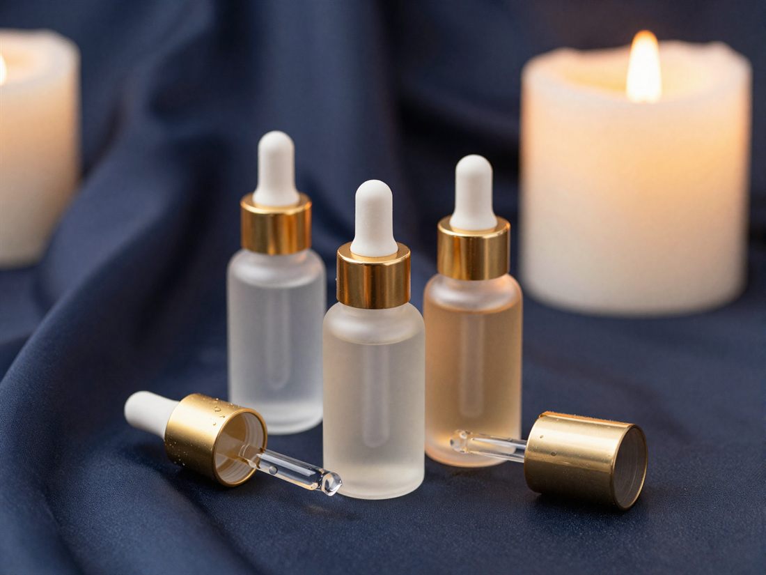 Premium skincare bottles with gold accents on navy silk