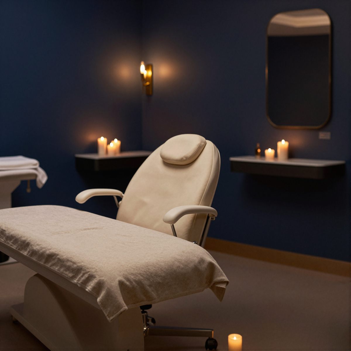 A candlelit treatment room at The Nightingale Wellness Clinic: navy walls, warm gold light and a cream treatment chair